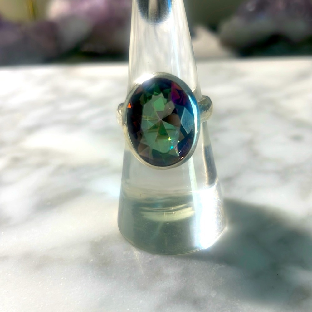 Large oval Mystic Topaz Ring 925 sterling silver size 7